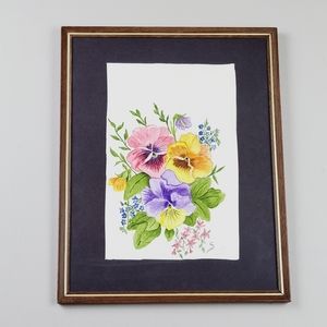 Framed Pansie Drawing Signed 14x11